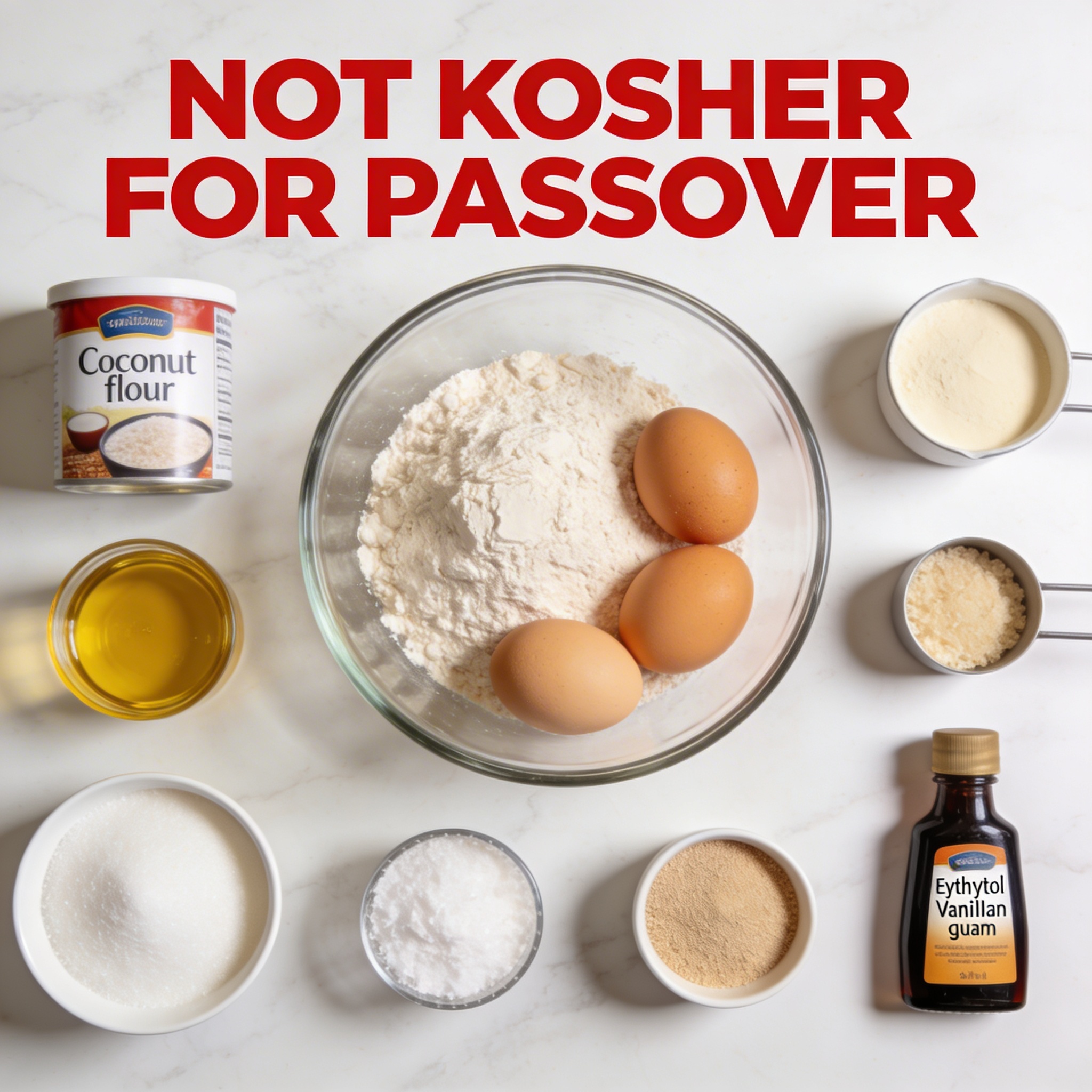 Coconut Flour, Eggs, Yeast, Oil, Baking Powder, Erythritol, Xanthan Gum, Vanilla Extract